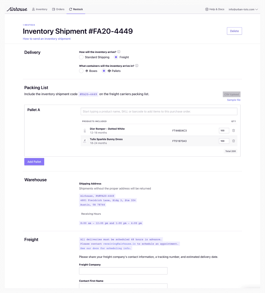 Restock inventory shipment form